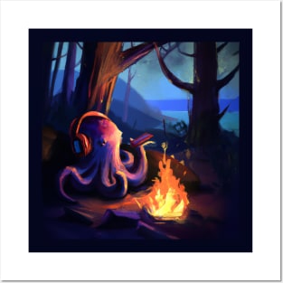 Octopus Listens to Music on its Phone While Camping Posters and Art